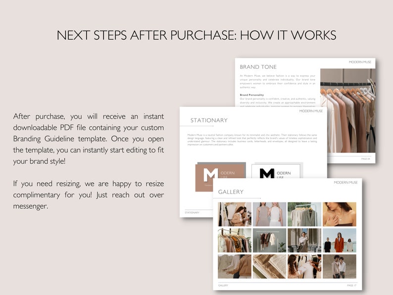 May include: A digital branding guideline template titled "NEXT STEPS AFTER PURCHASE: HOW IT WORKS." The template includes sections on brand tone, stationary, and a gallery of images. The text states the template is a downloadable PDF file.