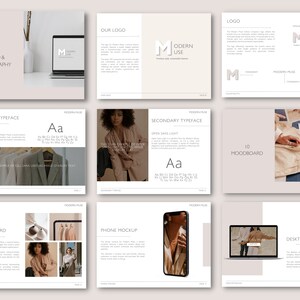 May include: A design presentation with the Modern Muse logo and typography. The layout includes a logo, primary and secondary typefaces, mood board, phone and desktop mockups. The color palette is neutral with beige and white tones.