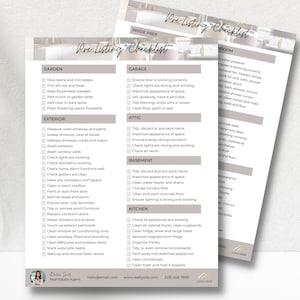 May include: Two pre-listing checklist sheets with headings like "Garden," "Exterior," and "Garage." The checklists include tasks such as mowing lawns, washing windows, and ensuring appliances are working. The sheets have a soft, neutral color scheme.