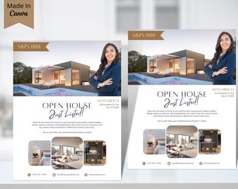 Open House Flyer, Real Estate Marketing, Real Estate Open House Flyer Canva, Just Listed, Editable Canva Template, Home Seller, Home Buyer