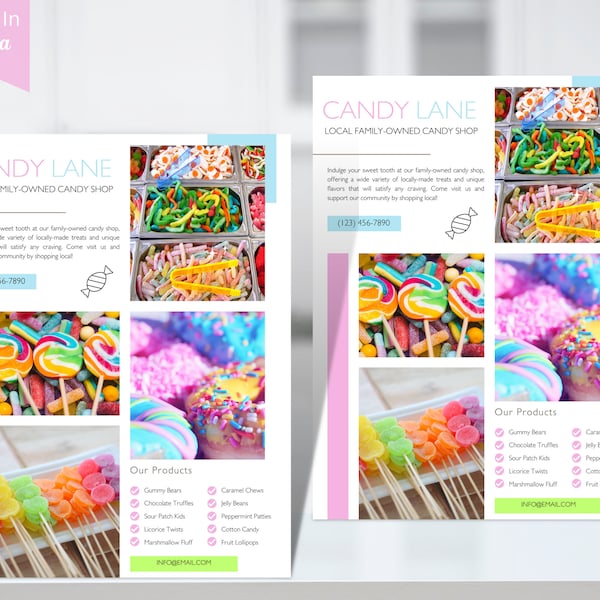 Candy Shop Flyer, DIY Canva Candy Shop Flyer Template, Editable Social Media Flyer Template for Candy Shop, Candy Store Flyer Template 2