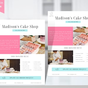Könnte beinhalten: Zwei Flyer für Madison's Cake Shop mit einem rosa und blauen Design. Die Flyer zeigen den Namen des Geschäfts, die Telefonnummer und eine Speisekarte mit Schokoladentrüffeln und rotem Samtkuchen. Der Text "10% Rabatt auf alle Bestellungen im Juli!" ist ebenfalls sichtbar.