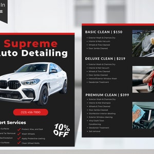 May include: A promotional flyer for Supreme Auto Detailing, featuring a white SUV and service details. The flyer includes a red and black colour scheme, with text such as "Expert Services" and "10% OFF". The flyer also lists cleaning packages and prices.