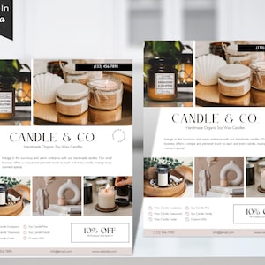 Könnte beinhalten: Werbeflyer für Candle & Co. mit handgefertigten Bio-Sojawachskerzen. Der Flyer zeigt Bilder von Kerzen in Gläsern, Text und Kontaktinformationen. Das Design verwendet eine neutrale Farbpalette und ein modernes Layout.