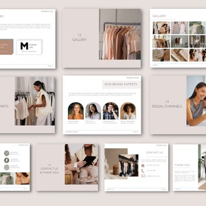May include: A layout of a fashion brand's presentation, featuring pages with text and images. The pages include sections titled "Stationary", "Gallery", "Brand Experts", "Social Channels", "Contact Us", and "Thank You". The color scheme is neutral with beige and brown tones.