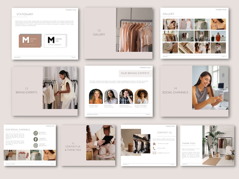 May include: A layout of a fashion brand's presentation, featuring pages with text and images. The pages include sections titled "Stationary", "Gallery", "Brand Experts", "Social Channels", "Contact Us", and "Thank You". The color scheme is neutral with beige and brown tones.