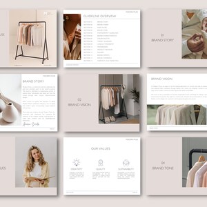 May include: A presentation layout with the words "Modern Muse" and "Brand Story". The layout includes images of clothing on a rack, a woman, and text. The color scheme is neutral with beige and white tones.