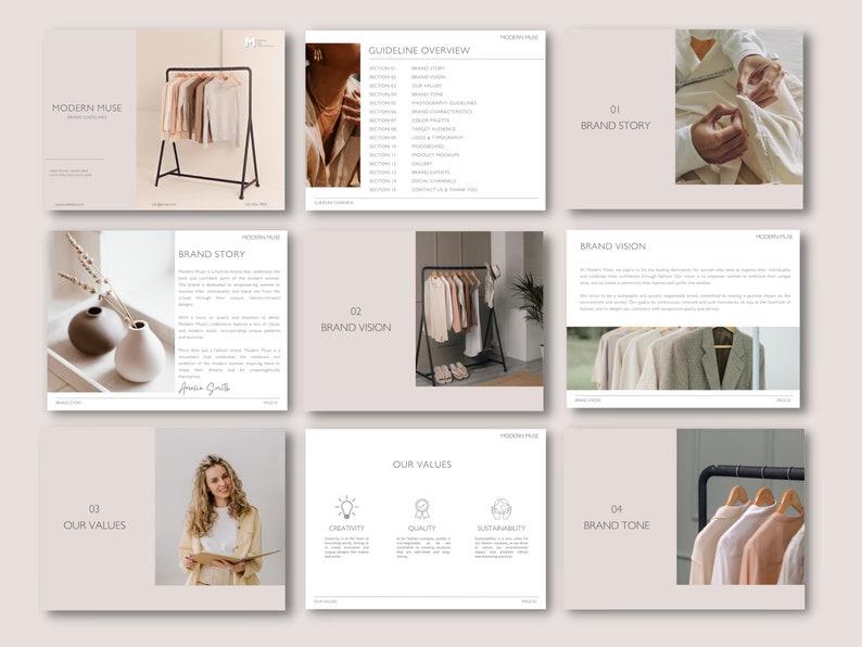 May include: A presentation layout with the words "Modern Muse" and "Brand Story". The layout includes images of clothing on a rack, a woman, and text. The color scheme is neutral with beige and white tones.