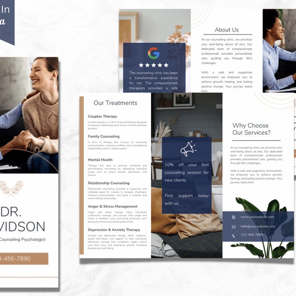 Counseling Psychology Therapy Brochure Templates Design, Mental Health, Business Ads Poster Therapist, Canva, Editable Printable, Wellness 3