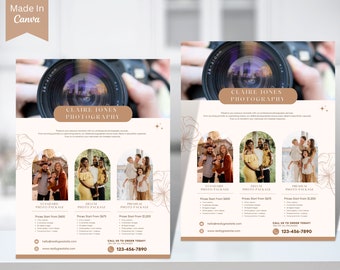 Plantilla de guía de precios de fotografía, lista de precios de fotografía, plantilla de precios para minisesiones familiares, plantilla de Canva, folleto de sesión fotográfica