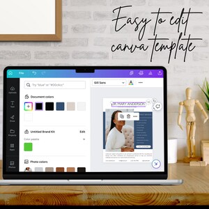 May include: A laptop displaying a Canva template with the text "Easy to edit canva template." The screen shows a document with a photo and text. The laptop is on a wooden desk with books, a wooden figure, and a plant.