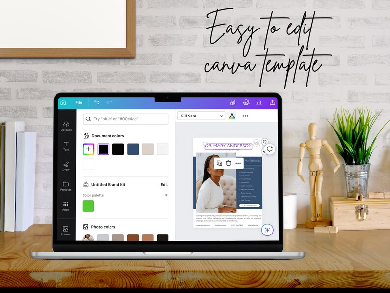 May include: A laptop displaying a Canva template with the text "Easy to edit canva template." The screen shows a document with a photo and text. The laptop is on a wooden desk with books, a wooden figure, and a plant.