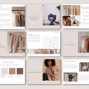 May include: A presentation layout with the text "BRAND TONE", "PHOTOGRAPHY GUIDELINES", "BRAND CHARACTERISTICS", "COLOR PALETTE", and "TARGET AUDIENCE". The color palette includes shades of beige, brown, and pink. The image includes a camera and clothing.