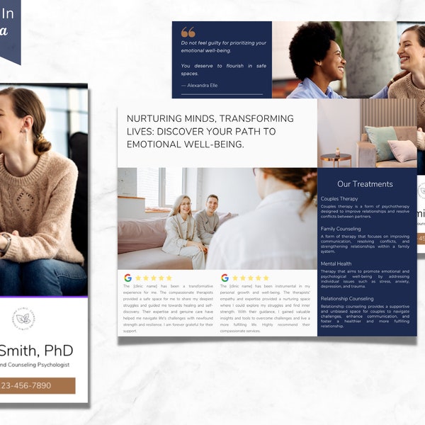 Counseling Psychology Therapy Brochure Templates Design, Mental Health, Business Ads Poster Therapist, Canva, Editable Printable, Wellness