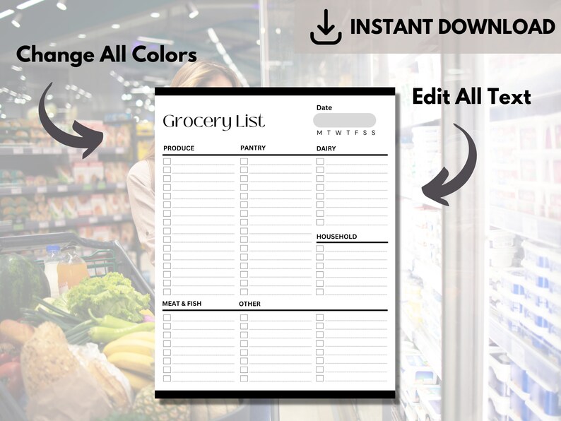 Printable Grocery List, Groceries Planner, Food Shopping List, Dairy