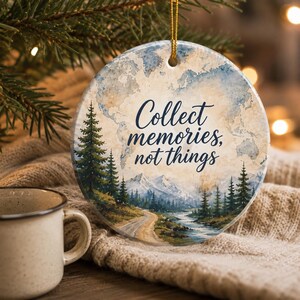 Travel Christmas Ornament, Ceramic World Map Keepsake with Gold Hanging String