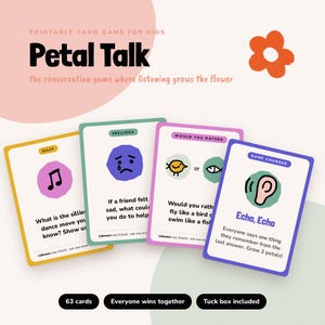 Op de afbeelding: Een printbaar kaartspel voor kinderen genaamd Petal Talk, bestaande uit vier witte kaarten met gekleurde randen. De kaarten tonen categorieën zoals Silly, Feelings, Would You Rather en Game Changer, voorzien van illustraties en tekstuele aanwijzingen.