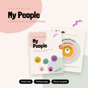 Op de afbeelding: Een printbare activiteitenset getiteld My People, met een familiekaart voor kinderen. De omslag toont de tekst My People en een familiekaart voor kinderen die worden opgevoed door grootouders, familieleden en elk ander soort gezin.