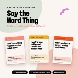 May include: A digital planner set titled Say the Hard Thing for Grown-Ups, featuring three rectangular cards with text prompts. The cards are labeled Opening, When It Gets Heated, and Holding Steady, with additional text boxes for sentence starters.