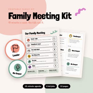 Op de afbeelding: Een printbare gezinsvergaderingskit met een agenda van 15 minuten in zes delen, waaronder snack, complimenten, weekplanning, probleemoplossing, leuk plan en afsluiting. Inclusief functiebadges voor leider en microfoonhouder.