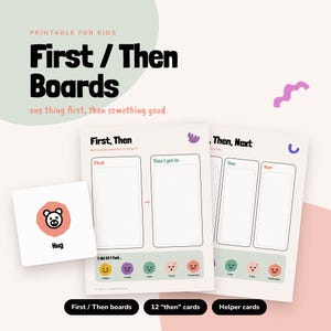 Puede incluir: Tableros imprimibles First / Then para niños con una tarjeta blanca que muestra un icono de oso con la etiqueta Hug, y dos hojas de actividades con casillas en blanco para tareas e iconos de emociones como Happy, Proud, Calm, Tired y Frustrated.