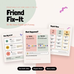 Op de afbeelding: Een printbare kit voor kinderen van 7 tot 12 jaar getiteld Friend Fix-It for the times friends get it wrong. De kit bevat drie pagina's met secties genaamd How Big Is It, What Happened en Repair Menu, voorzien van kleurrijke iconen en tekst.