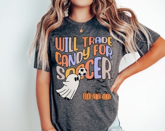 Will Trade Candy for Soccer Shirt Funny Halloween Tee Girls Futbol Ghost T-Shirt Spooky Sports Gift Kids Retro Fall Soccer Tee Youth TShirt