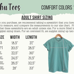 May include: A chart showing adult shirt sizing for Comfort Colors 1717 t-shirts. The chart lists sizes S through 3XL with corresponding width and length measurements in inches.