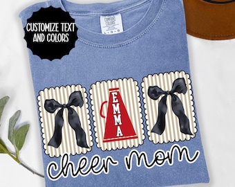 Comfort Colors Checkered Coquette Cheer Mom Shirt Competition Day Tee Cheerleading Mama T-Shirt Custom Name Football Season Matching Tees