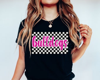 May include: Black t-shirt with a checkered pattern and the word "bulldogs" in pink lettering.