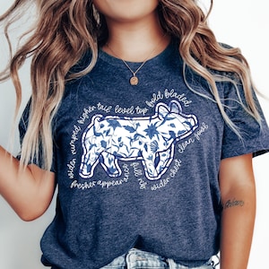 May include: A navy blue t-shirt featuring a pig illustration filled with a blue floral pattern. The pig design is outlined with text that reads "widen rumped higher tail level top bold bladed fresher appear full rib wider chest clean jowl".