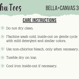 May include: Cream-colored graphic with the text "Schu Tees" and "BELLA+CANVAS 3001". Below, "CARE INSTRUCTIONS" is followed by a list of care tips: Do not dry clean, machine wash cold, use non-chlorine bleach, tumble dry on low, and cool iron inside-out.