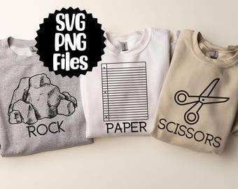 Archivos SVG y PNG para disfraces grupales de Piedra, Papel o Tijera para Halloween. Descarga digital instantánea. Camisetas para fiestas. Archivos gráficos para el Día del Profesor.