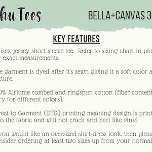 May include: Image with text for Schu Tees, featuring key features of a unisex jersey short sleeve tee. The text highlights the garment's soft color, texture, and 100% Airlume combed cotton. It also mentions Direct to Garment printing and sizing recommendations.