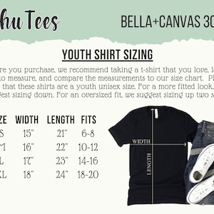 May include: Black t-shirt with a size chart for youth shirts. The chart includes measurements in inches for width and length, and fits sizes. The text "Schu Tees" and "BELLA+CANVAS 3001Y" are also visible.