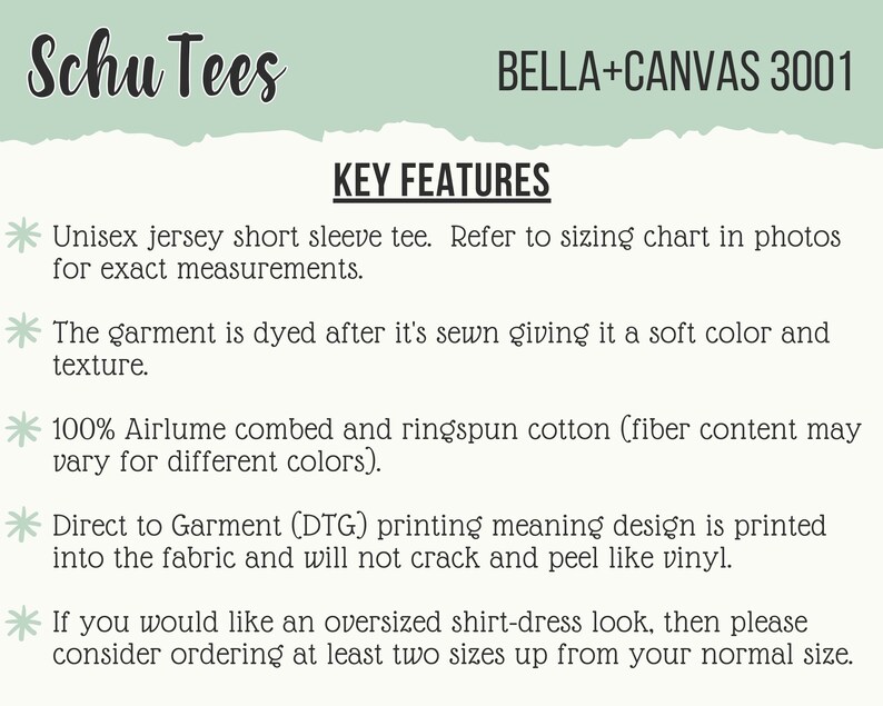 May include: Image featuring text for Schu Tees, with the Bella+Canvas 3001 brand. Key features include a unisex jersey short sleeve tee, garment dyeing for soft color, 100% Airlume combed cotton, and Direct to Garment printing.