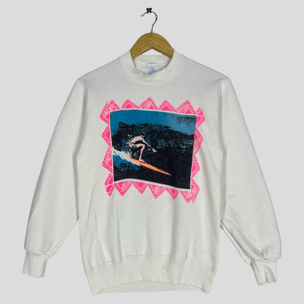 Vintage 80s Surfing Graphic Colourful Printed Sweatshirt Small 80's Surfboard Surfwear Crewneck Multicolored Pullover Jumper White Size S