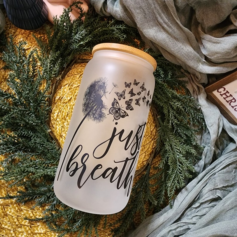 Just Breathe Dandelion Cup/ 16 Oz Frosted Glass Cup W/bamboo Lid and