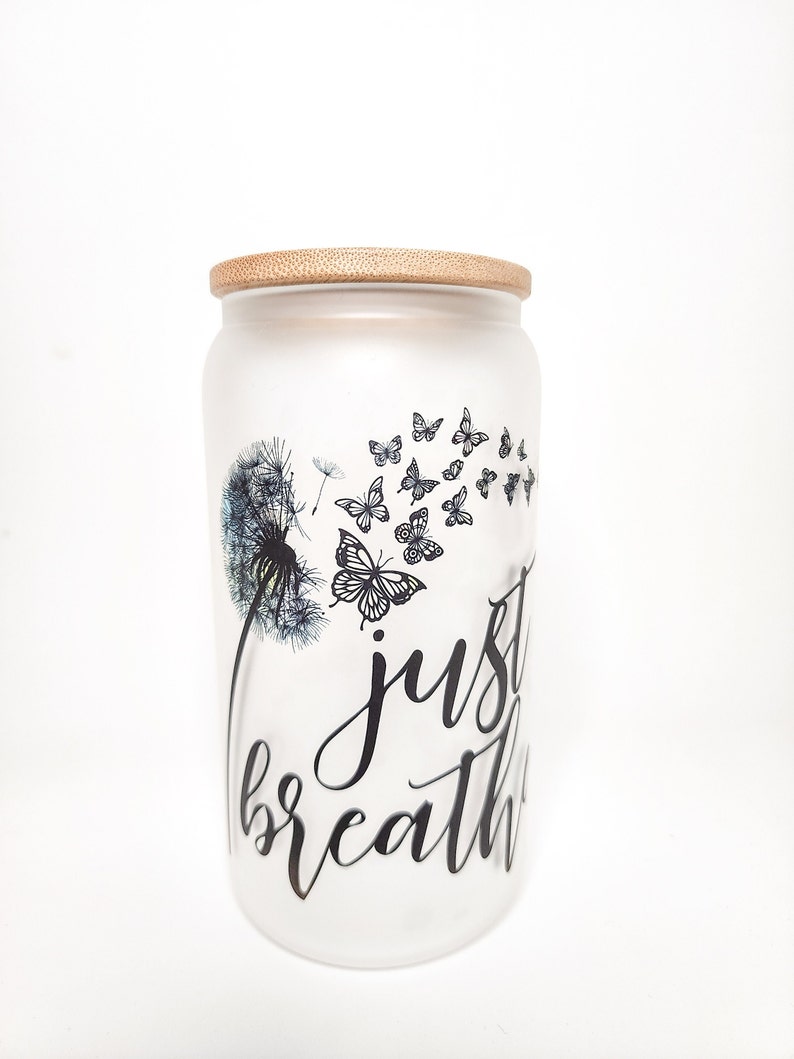 Just Breathe Dandelion Cup/ 16 Oz Frosted Glass Cup W/bamboo Lid and