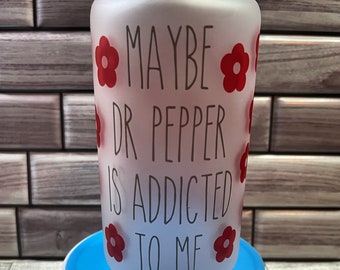 Dr. Pepper Addict Frosted Libbey Glass Cup, Bamboo Lid & Straw