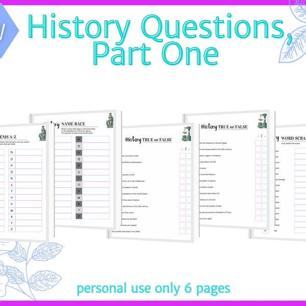 History Questions, Part One | Educational Activities | Word Scramble | True or False | Names A-Z | Items A-Z | Digital Download