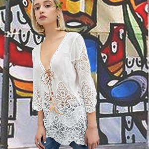 Designer Boho Chic feather 3/4 Sleeve Top  Blouse. Bohemian Style top.