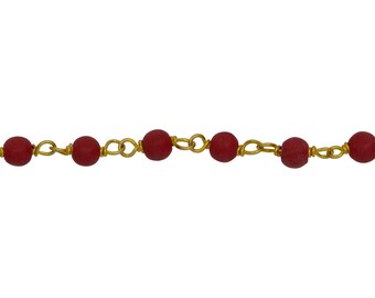 Sterling Silver Gold Plated 3.22mm Width by 2.90mm Length Coral Stone, Gem Stone Chain. Price per: 1 Inch.