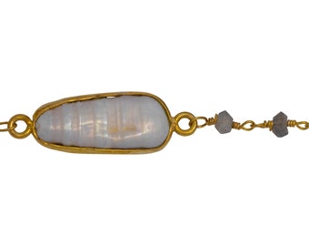 Brass Gold Plated 3.45mm Width by 2.15mm Length Hand Cut Labradorite Stone, Followed by 7.35mm Width by 19.28mm Length. Price per: 1 Inch.