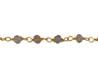 Brass Gold Plated 3.35mm Width by 2.42mm Length Natural Hand Cut Labradorite Stone, Gem Stone Chain. Price per: 1 Inch.