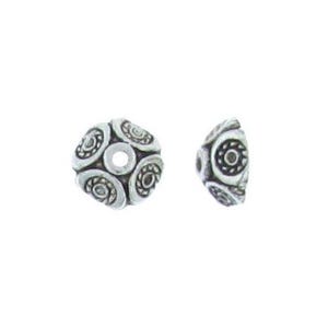 May include: Silver bead with a decorative design. The bead has a round shape with a hole in the center.