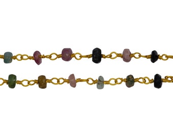 Sterling Silver Gold Plated 3.60mm Width by 1.90mm Length Watermelon Tourmaline Stone, Gem Stone Chain. Price per: 1 Inch.