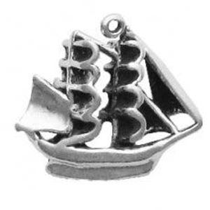 May include: Silver charm in the shape of a sailboat with a single sail. The sailboat has a detailed design with multiple masts and rigging.