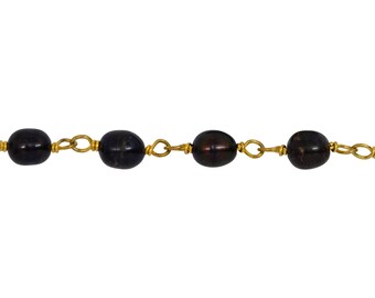 Brass Gold Plated 3.45mm Width by 4.19mm Length Natural Peacock Pearl, Pearl Chain. Price per: 1 Inch.