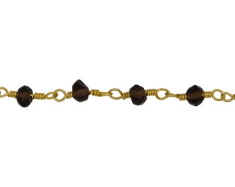 Brass Gold Plated 3.13mm Width by 2.26mm Length Natural Hand Cut Smoky Topaz Stone, Gem Stone Chain. Price per: 1 Inch.